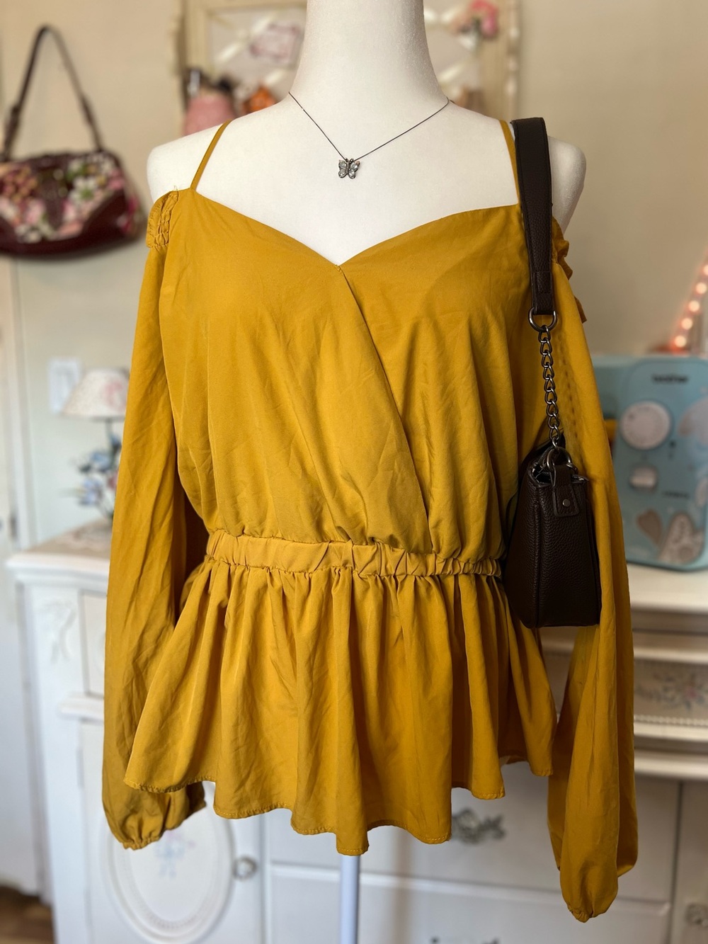 Mustard Off-Shoulder Peplum Blouse with Spaghetti Straps